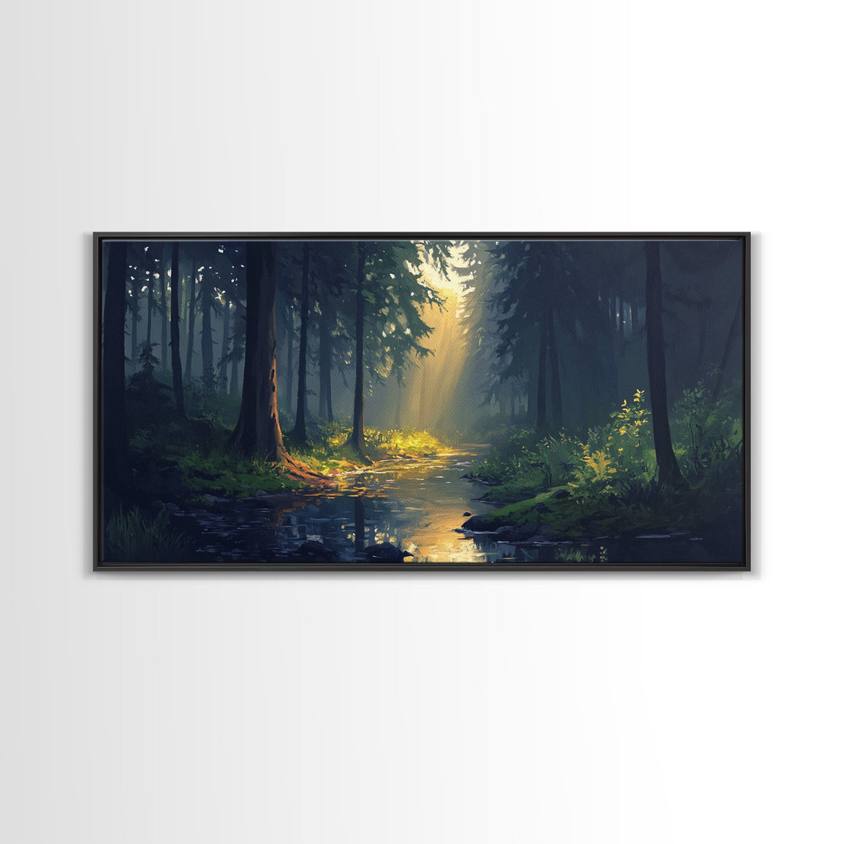 Sun Shines Through The Forest Trees, Framed Canvas Print, Fantasy Landscape Painting, Forest Landscape Oil Painting Print, Living Room Decor