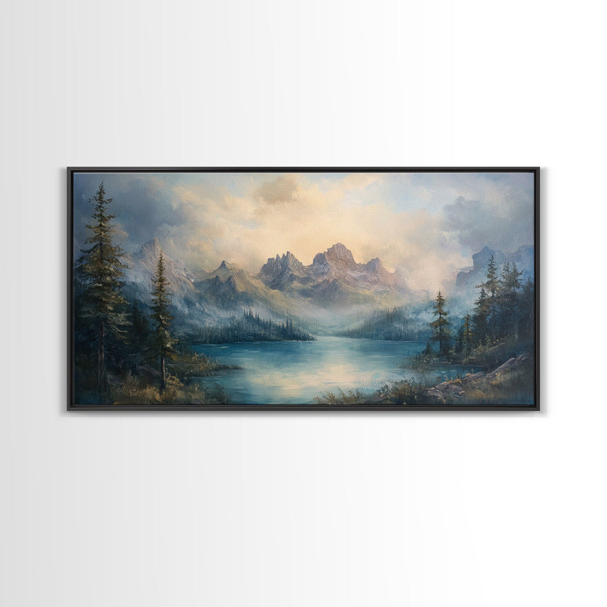 Foggy Mountain Forest Landscape Painting Print, Landscape On Canvas Ready Too Hang - Large Panoramic Canvas Wall Art Prints Landscape Art