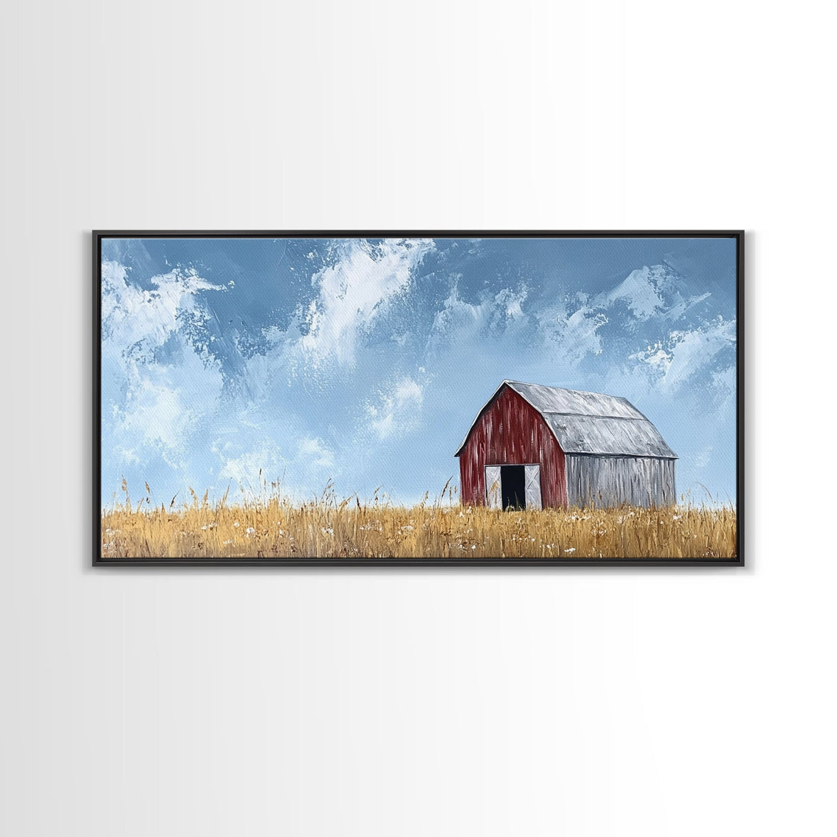 Old Building Farm In A Wheat Field, Framed Canvas Painting Print, Panoramic Rural Landscape Wall Art Rustic Barn Country Side Ready To Hang