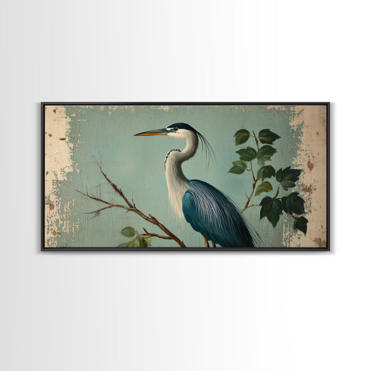 Funky Painting Print of a Blue Heron, Framed Canvas Print, Ready To Hang Wall Art, Great Blue Heron, Extra Large Bird Picture Painting