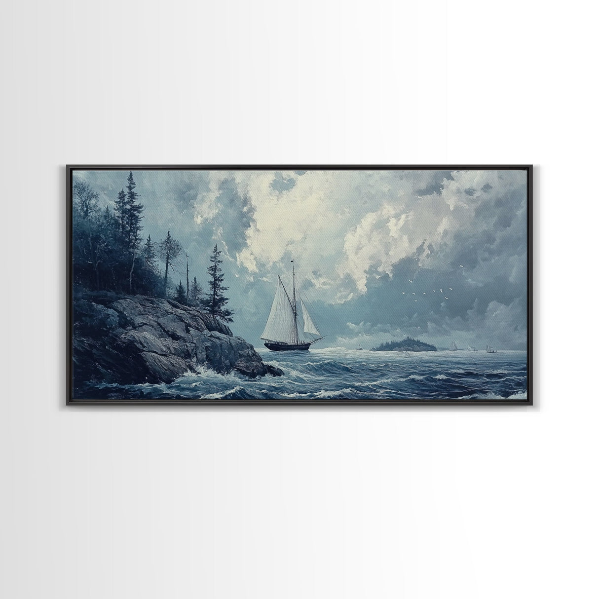 Pirate Ship Off The Coast, Framed Canvas Print, Wood Framed Art, Nautical Decor, Sailboat Painting
