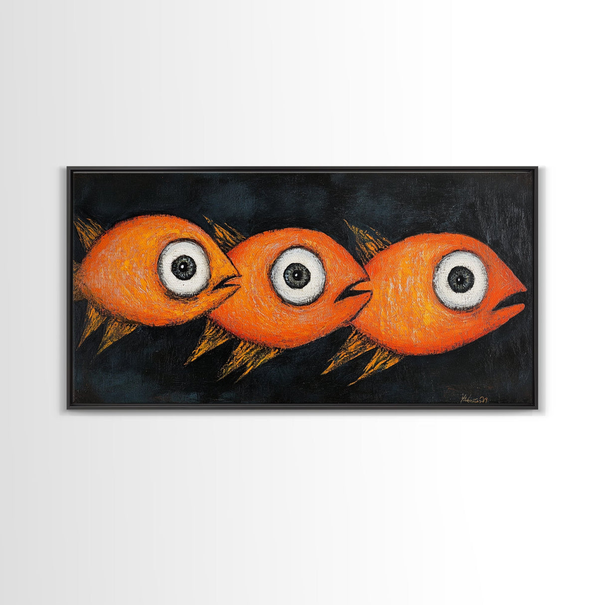 Retro 19th Century Folk Art Canvas Print, Funny Gold Fish Painting, Folk Art Painting, Whimsical Wall Art, Gold Fish Wall Art