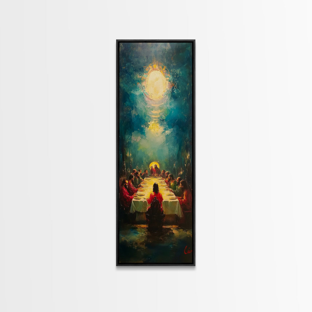 Last Supper Wall Art Framed Canvas Print Vibrant Christ Apostles Painting, Christian Art, Dark Religious Decor, Unique Holiday Gift, Spiritual Canvas
