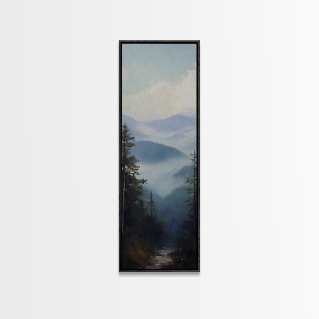 Misty Mountain Fog Framed Canvas Print Peaceful Nature Landscape Painting, Smoky Mountain Art, Above Bed Wall Art, Blue and Green Wall Art, Guest Room Art