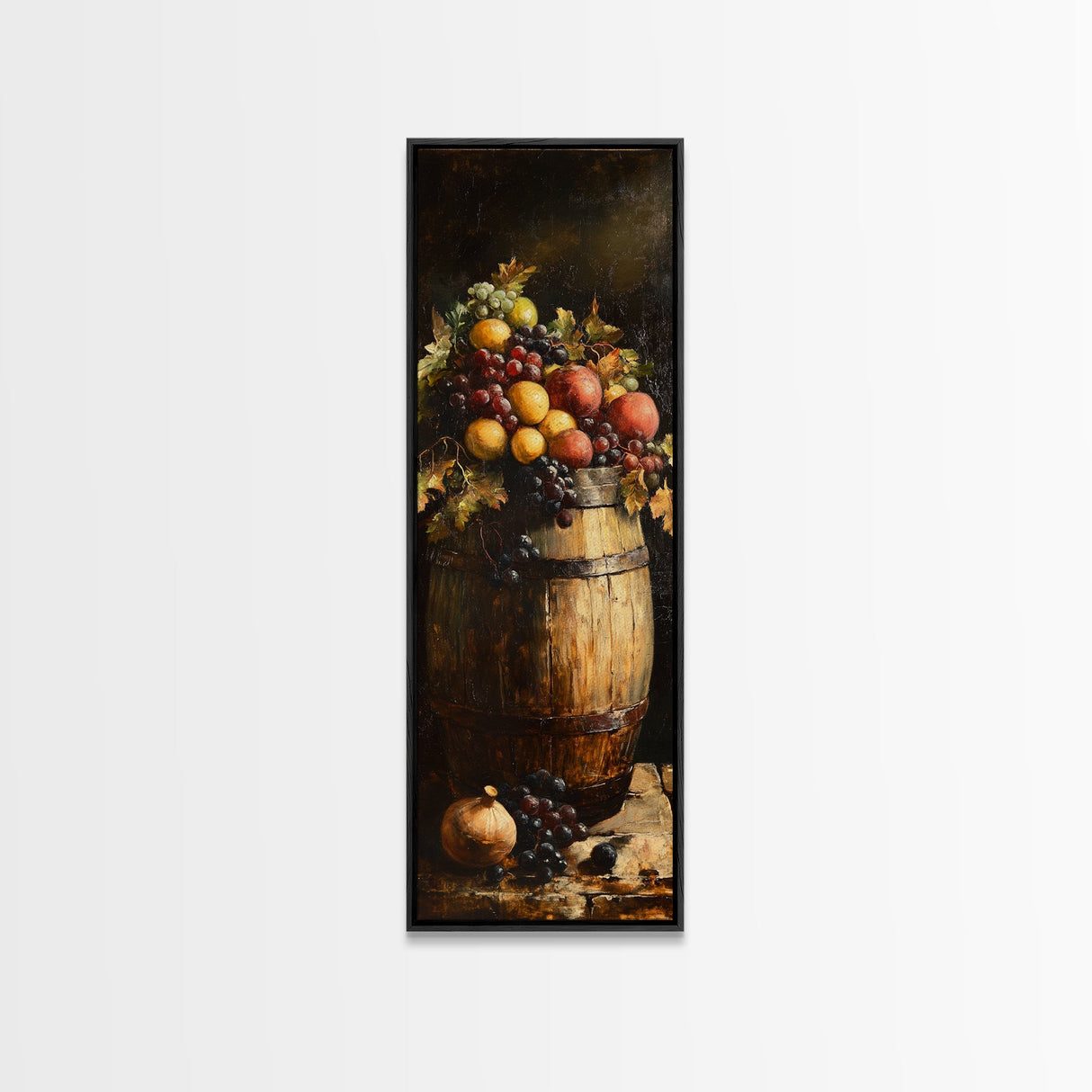 Still Life Oil Painting Print of Fruit and a Wine Barrel, Wine Room Art, Wine Cellar Art, Bar Decor, Tall Skinny Art, Skinny Vertical Art