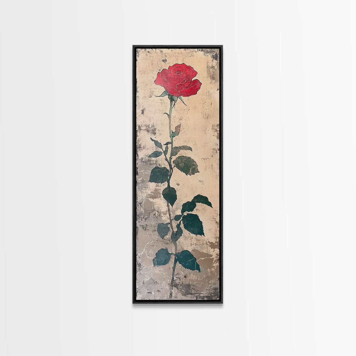 Red Rose Art Print Canvas Print, Japanese Inspired Rose Painting, Long Narrow Wall Art, Tall Skinny Art, Framed Canvas Print, Boho Wall Art
