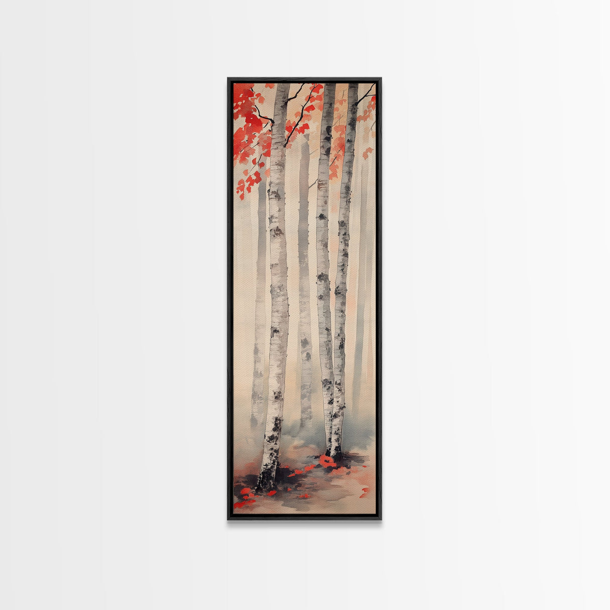 Birch Trees and Red Leaves Framed Canvas Print – Fall Vibes, Rustic Wall Art, Birch Tree Art, Cozy Autumn Theme, Living Room Art, Above Couch Decor