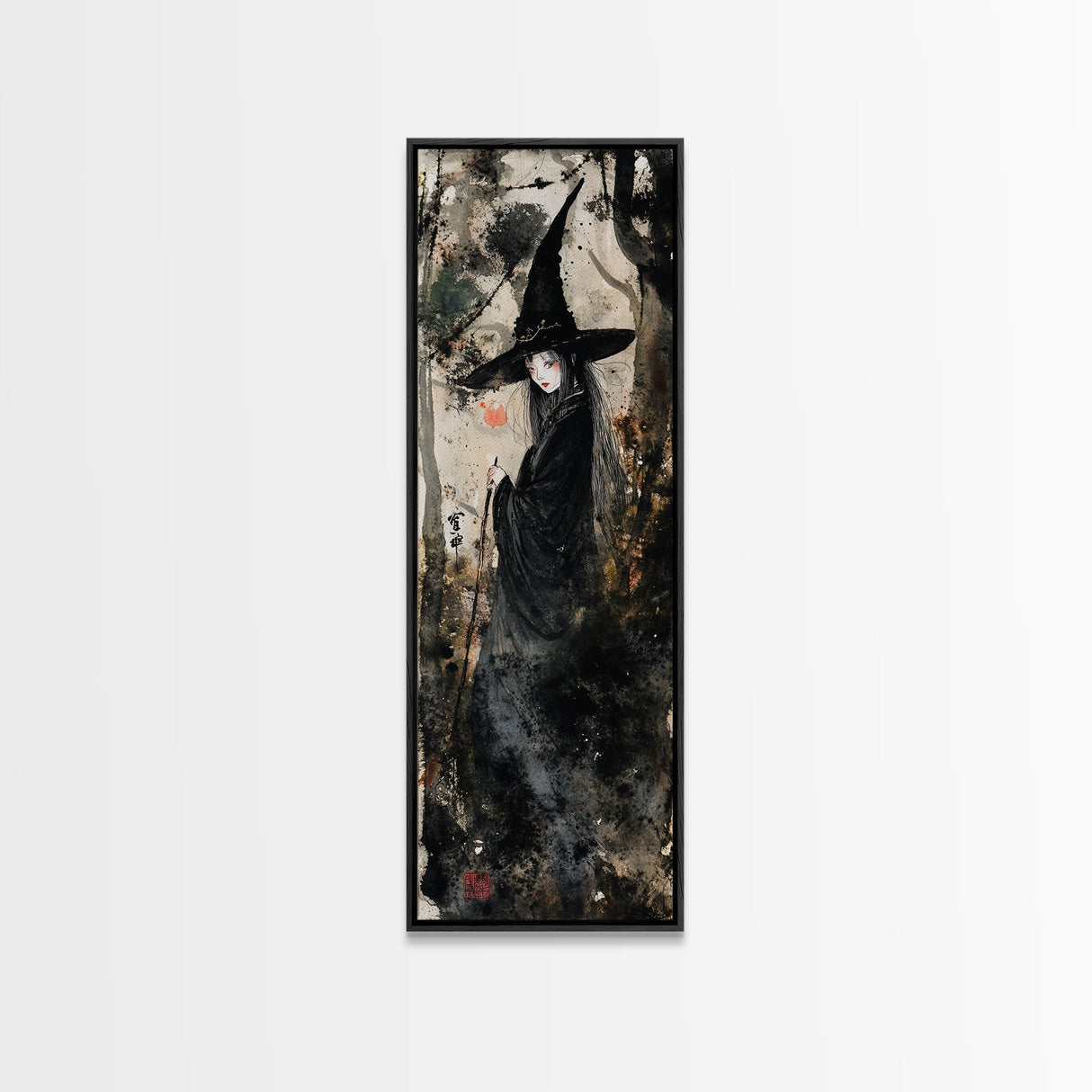Enchanting Witch in Red Accents Painting - Framed Canvas Print for Gothic Wall Art, Witchy Decor, Halloween Gothic Art, Unique Wall Decor