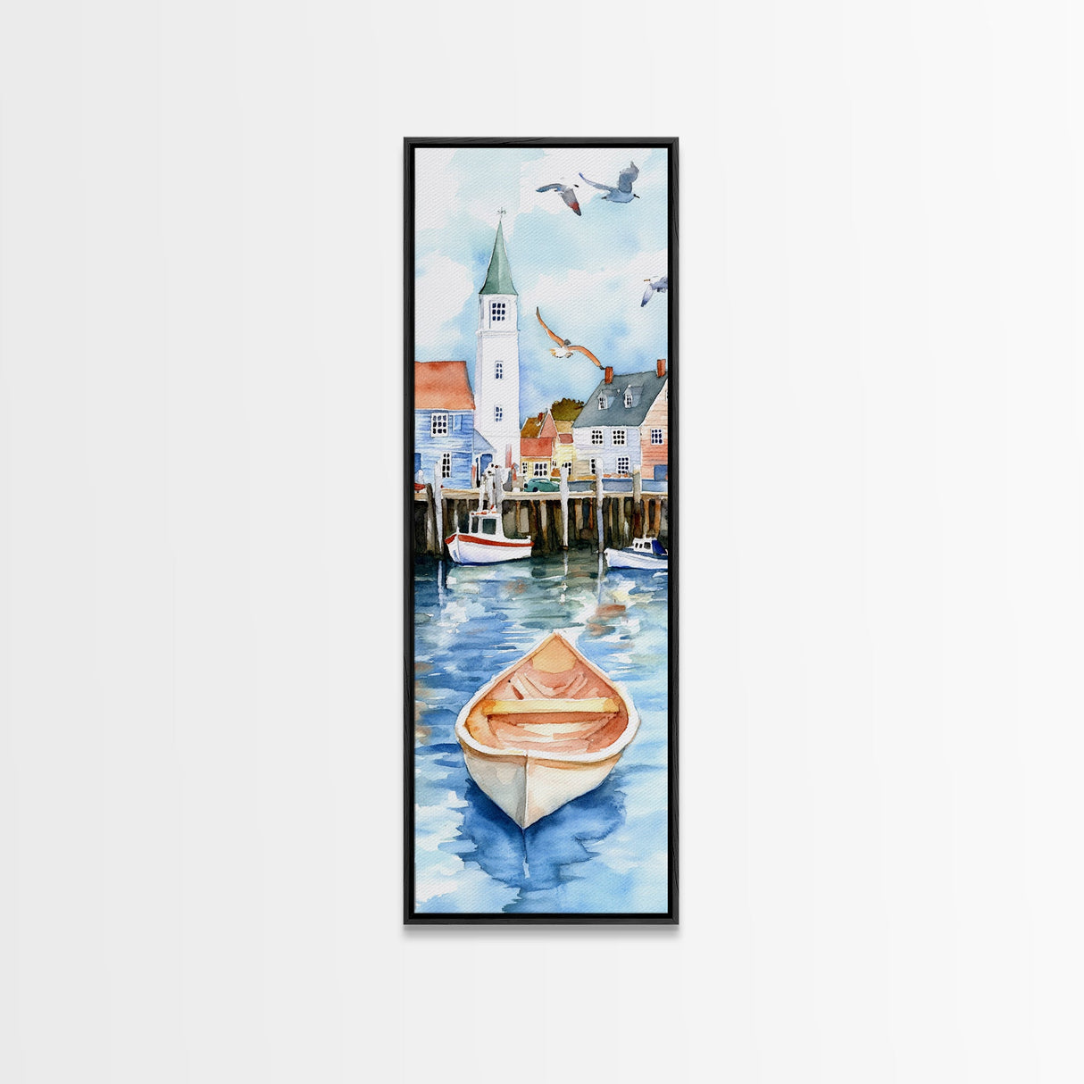 Tranquil Coastal Village with Seagulls Painting - Canvas Print for Nautical Wall Art, Coastal Scene Decor, Ocean-Inspired Art, Harbor Home Decor