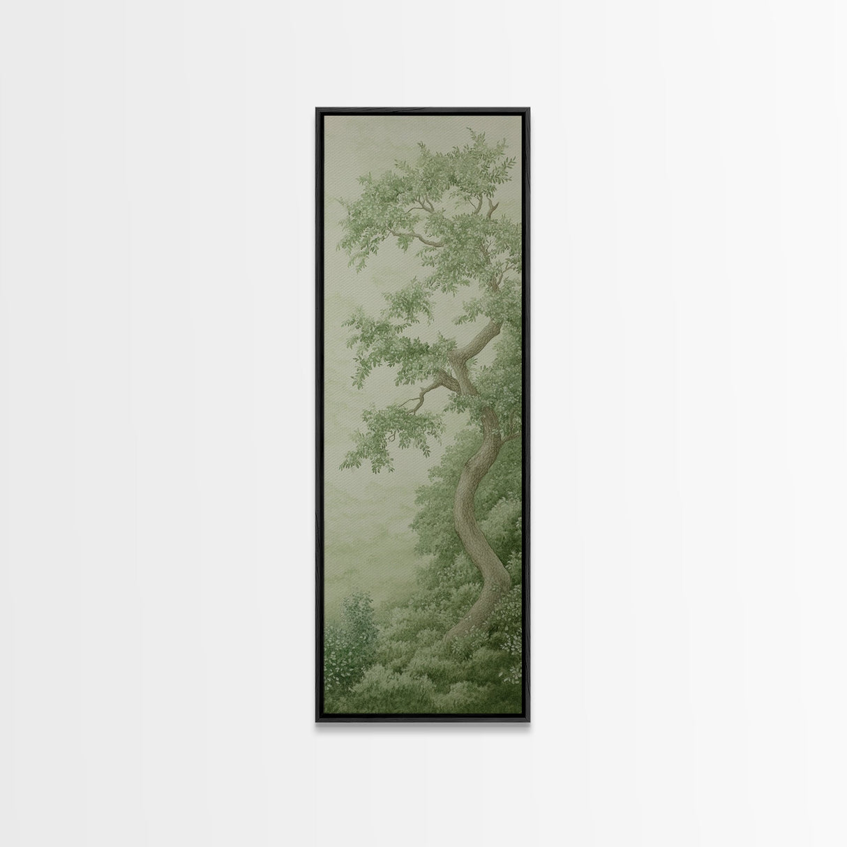 Misty Green Botanical Scene - Framed Canvas Print Showcasing Wabi Sabi Art Style with Tranquil Tree Landscape