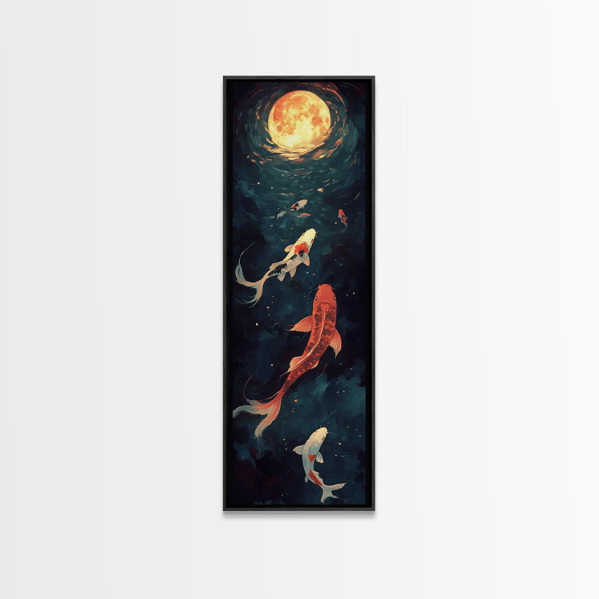 Koi Fish Under a Full Moon, Framed Canvas Print, Wabi Sabi Home Decor, Funky Boho Wall Art, Tall Skinny Art, Narrow Tall Wall Art