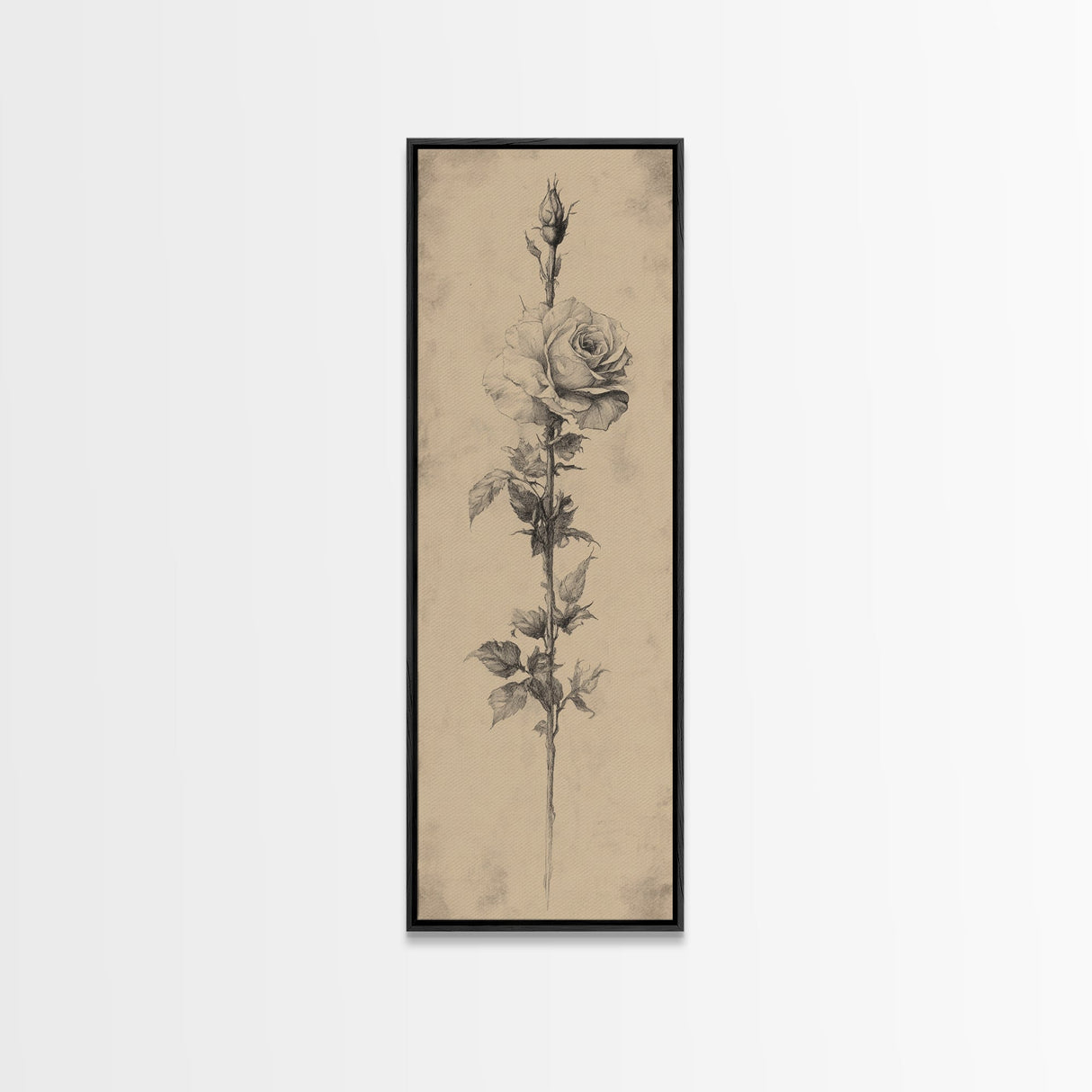 Black and White Sketch of a Rose, Framed Canvas Print, Narrow Art, Tall Skinny Art, Flower Painting, Paint of a Rose, Floral Prints