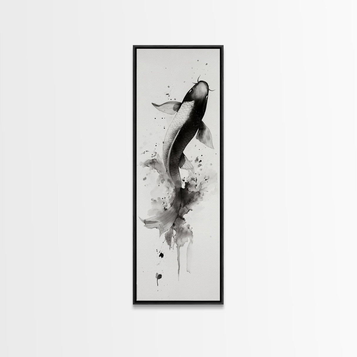 Tall Skinny Koi Fish Painting Print, Black and White Wabi Sabi Wall Art, Koi Fish Wall Decor, Japanese Style Elegant Artwork, Narrow Wall Art