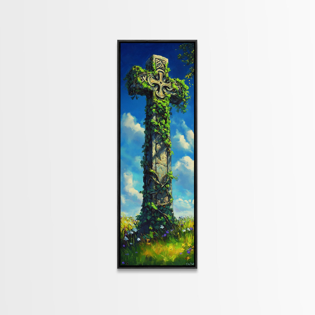 Oil Painting Print of a Celtic Cross, Irish Wall Art, Tall Narrow Art, Skinny Art, Wall Art For Small Spaces, Small Art, Ireland Art, Celtic Cross Art