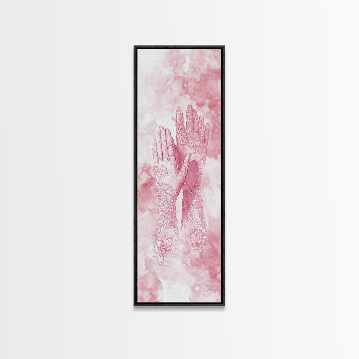 Elegant Mehndi Hand Art Framed Canvas Print - Light Pink Wall Art, Botanical Prints, Whimsical Art, Yoga Art, Gift Idea Her, Bedroom Decor