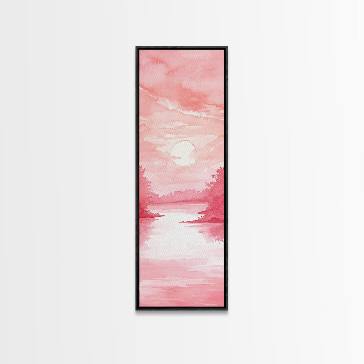 Serene Sunset Landscape Painting Framed Canvas Print with Light Pink Tones for Calm Living Room Art or Above Sofa Wall Decoration