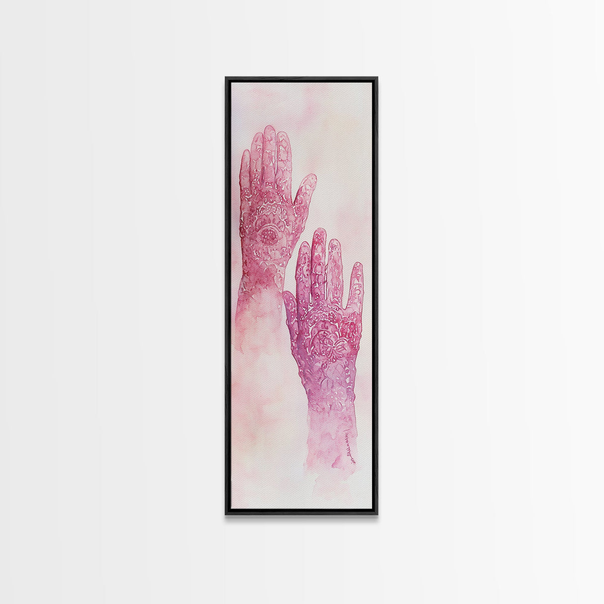 Intricate Henna Hands Painting Framed Canvas Print Featuring Unique Pink Wall Art with Subtle Geometric Design Therapy Art Theme