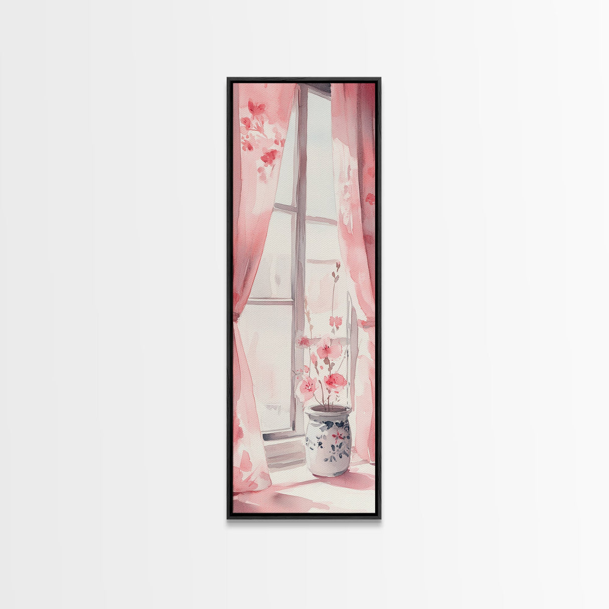 Sunlit Cherry Blossoms by Window Canvas Print, Whimsical Pink Botanical Wall Art, Rustic Aesthetic Decor, Bedroom or Living Room Accent