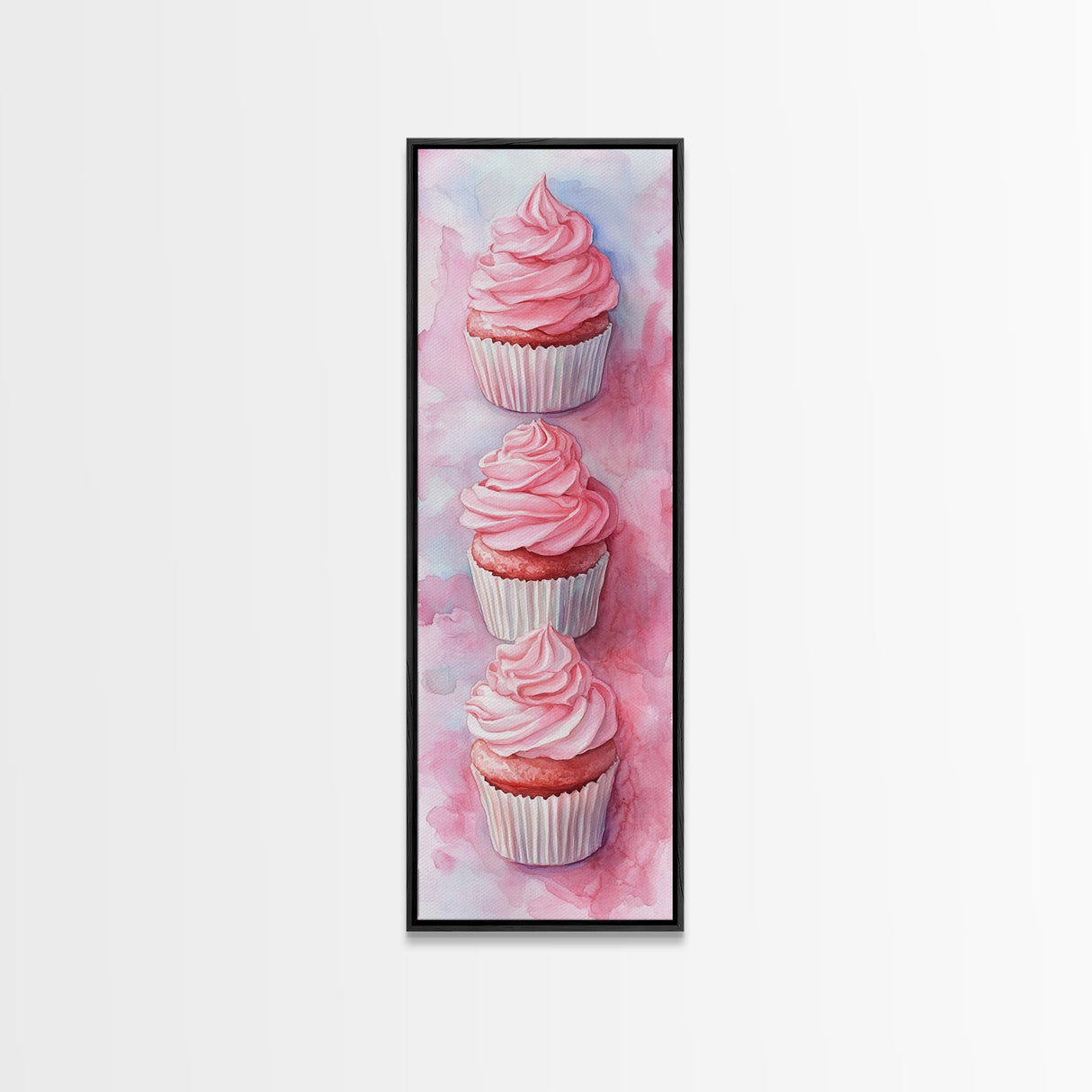 Pink Cupcake Trio Canvas Print, Whimsical Kitchen Art, Rustic Light Pink Wall Art, Food Review Vertical Artwork, Gift Idea For Her