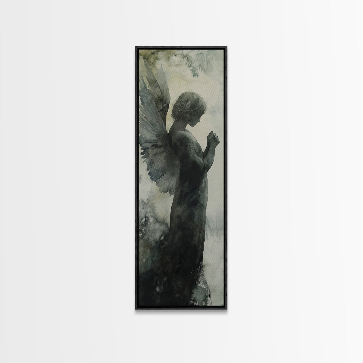 Watercolor Angel Canvas Print with Elegant Moody Design, Dark Angels Wall Art Gift Idea, Vertical Bedroom Zen Art Piece