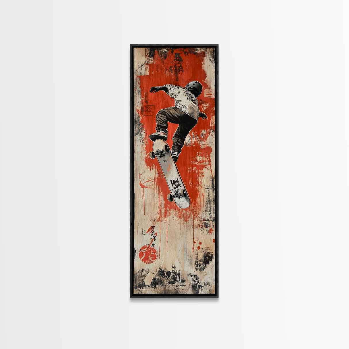 Skateboarder Canvas Print, Red and Black Urban Wall Art, Graffiti Inspired Vertical Artwork, Gift Idea for Living Room or Teen Bedroom
