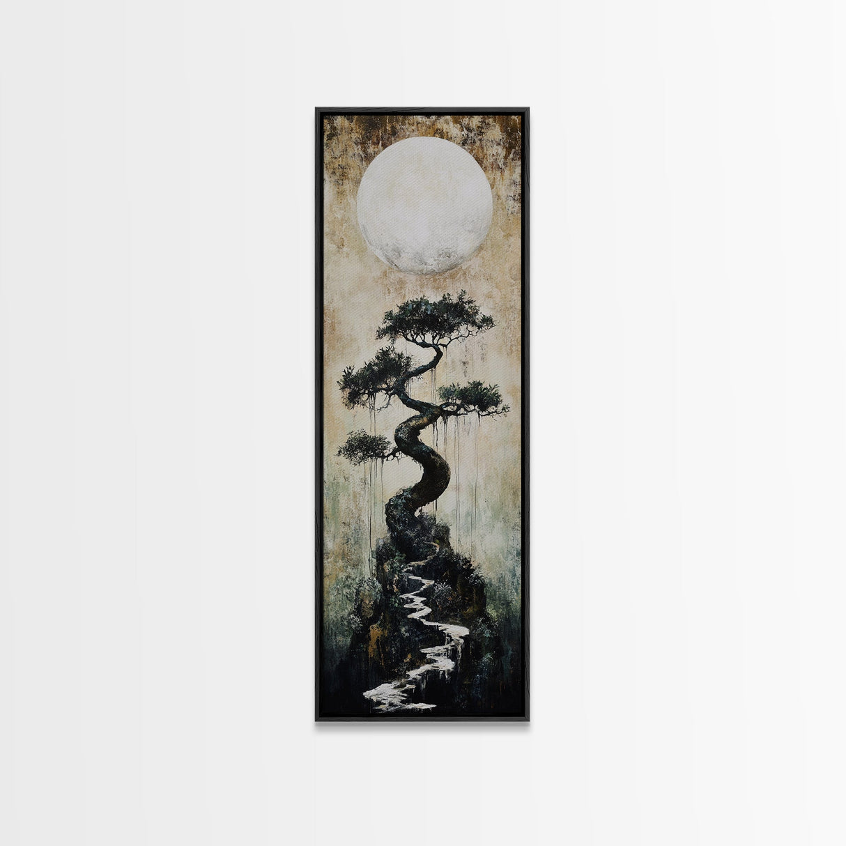 Mystical Moon and Bonsai Canvas Print Zen Wall Art Serene Wabi Sabi Decor Minimalist Nature Artwork Vertical Framed Artwork