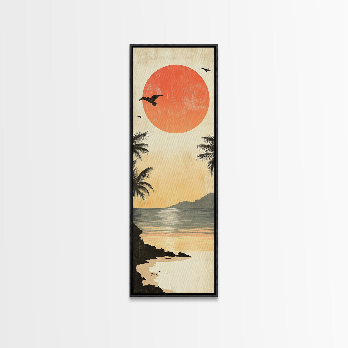Seagulls At Sunset Beach Framed Canvas Print | Coastal Wall Art | Tropical Landscape Art | Nautical Painting | Living Room Decor