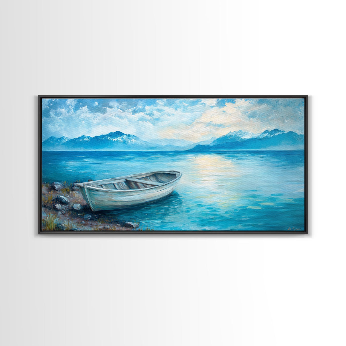 Boat on Tranquil Lake Canvas Print Coastal Landscape Art Nautical Wall Art Rustic Decor Above Sofa Artwork Bedroom Art Original Painting