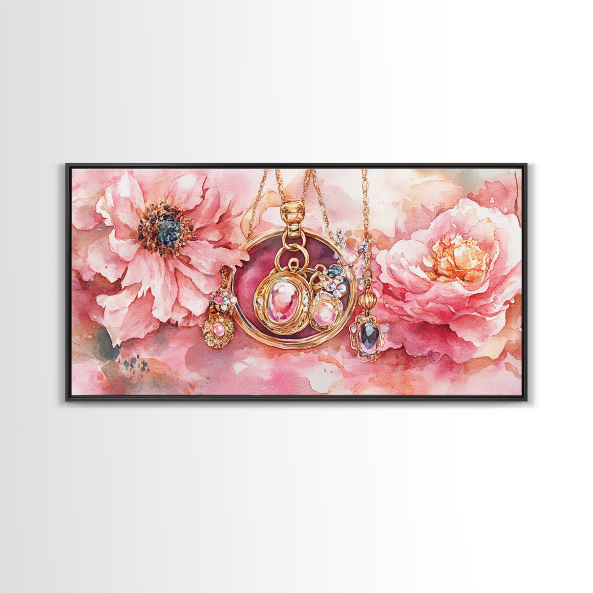 Pink Gemstone Jewelry Canvas Print, Feminine Elegant Artwork, Glamorous Rose Painting, Living Room Wall Art, Unique Decorative Gift