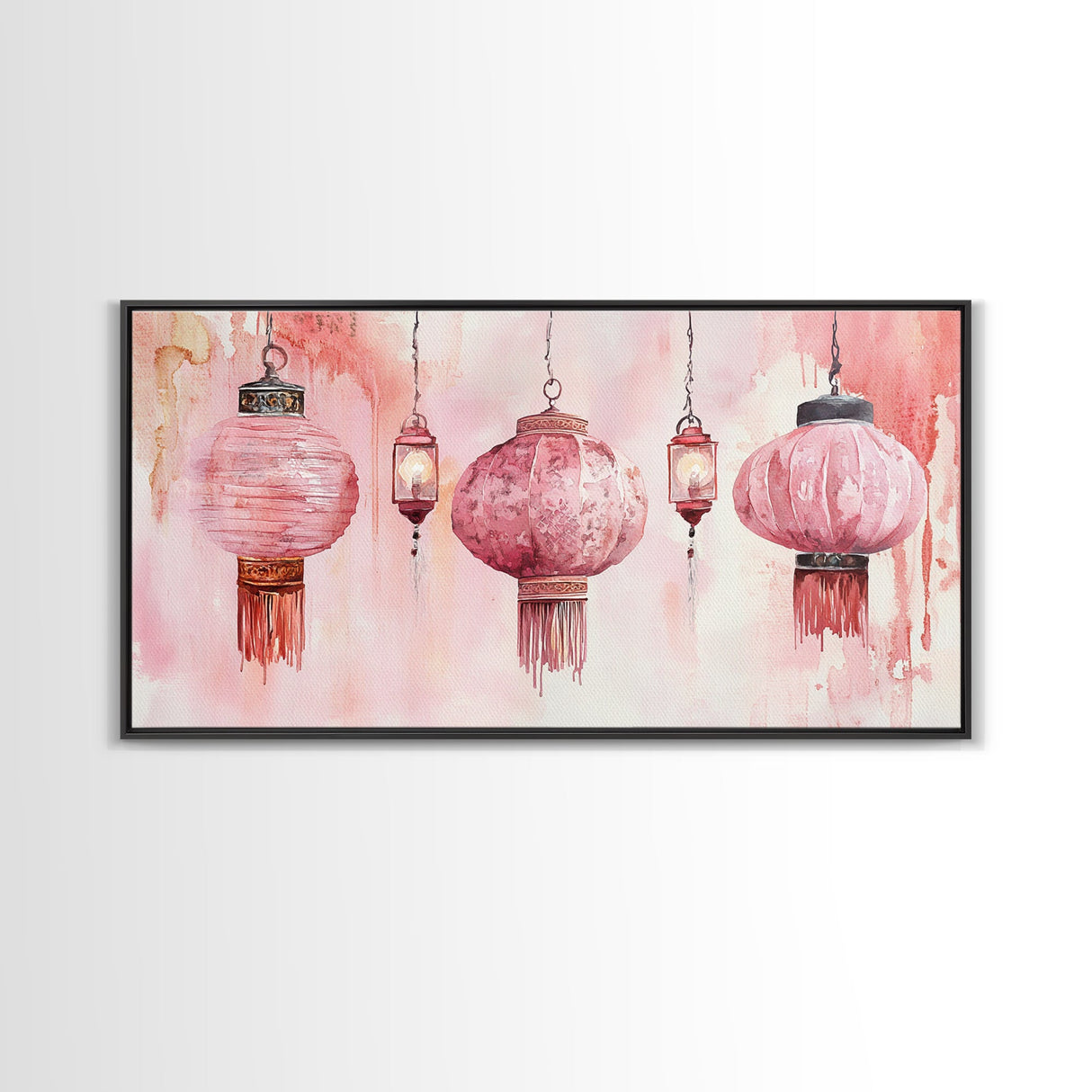 Pink Lanterns Canvas Print Chinoiserie Wall Art Moroccan Wall Art Whimsical Art Living Room Art Rustic Decor Fall Gift Idea