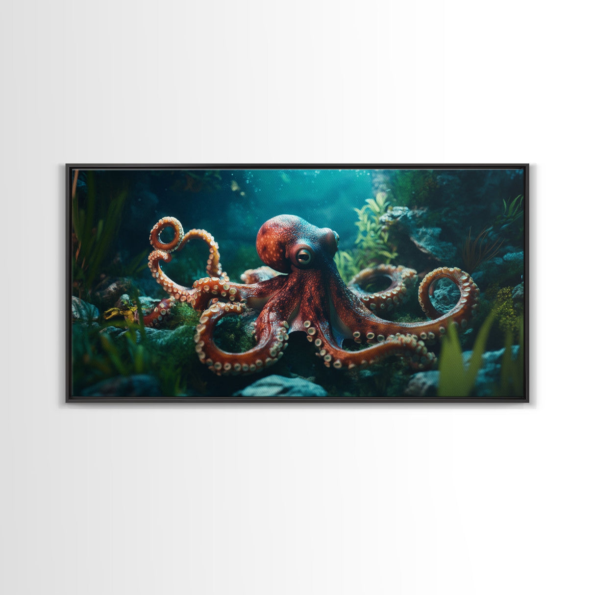 Majestic Octopus Framed Canvas Print, Coastal Decor Wall Art, Marine Wildlife Painting, Ocean Life Nautical Theme, Rustic Home Art