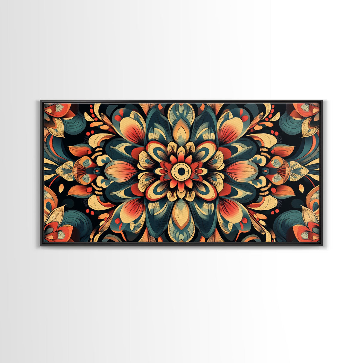 Kaleidoscopic Mandala Design Framed Canvas Print, Boho Wall Art, Sacred Geometry Painting, Colorful Ethereal Decor, Spiritual Zen Art