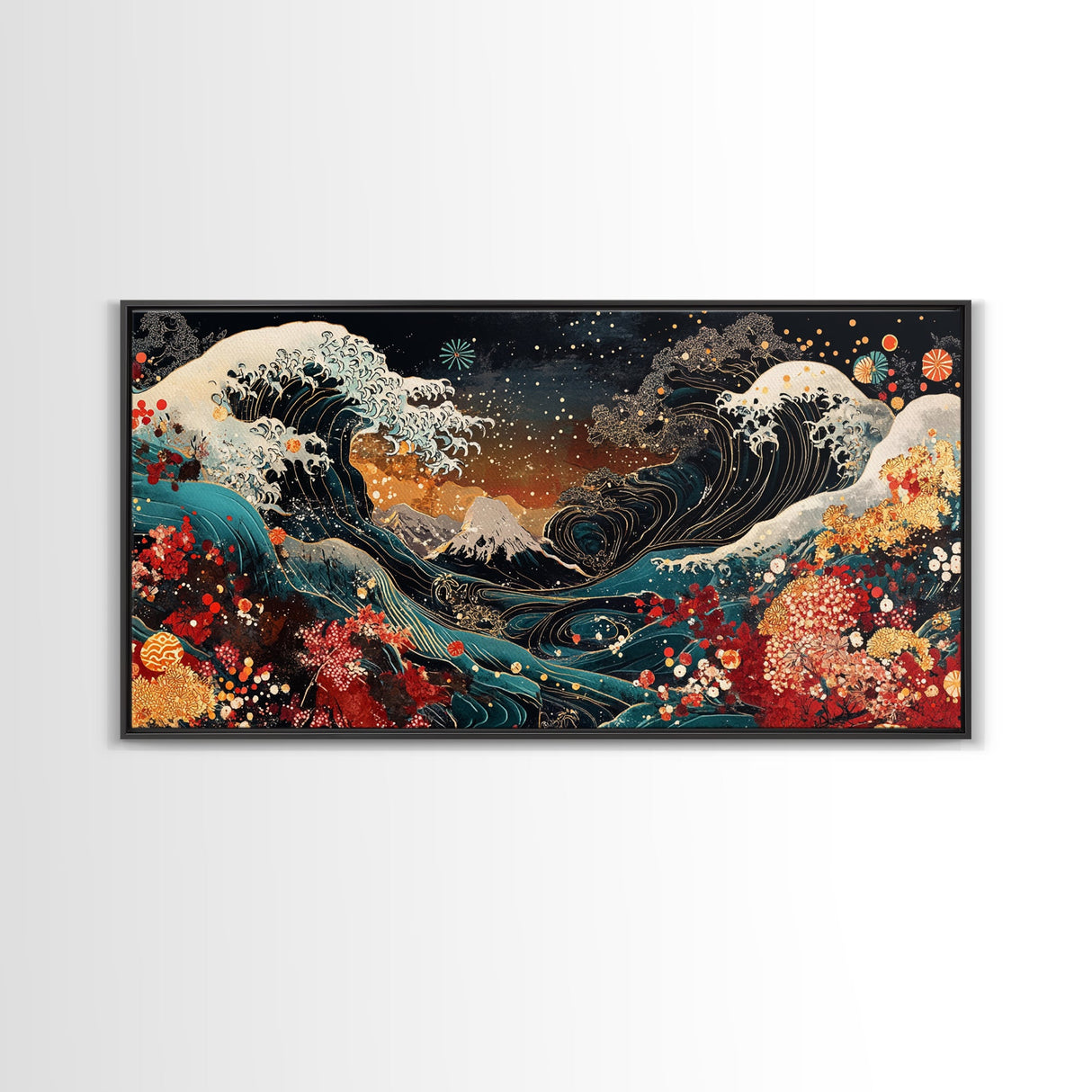 Ocean Waves Framed Canvas Print, Japanese Inspired Coastal Wall Art, Nautical Decor, Coastal Landscape Art, Extra Wide Panoramic Art