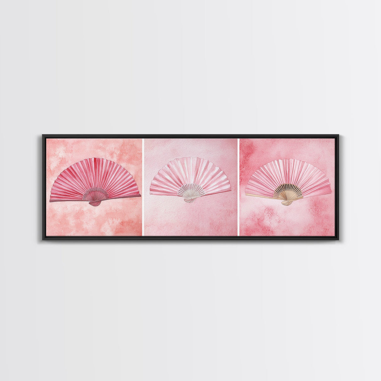 Trio of Elegant Fans Canvas Print, Minimalist Boho Pink Artwork, Oriental Fan Wall Art for Bedroom, Light Pastel Wall Decor Idea