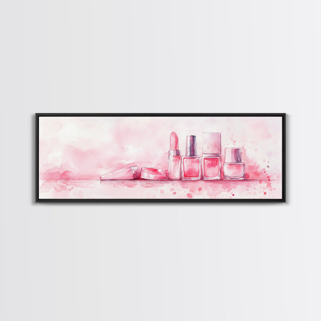 Makeup Art Canvas Print Featuring Lipstick and Nail Polish, Pink Abstract Wall Art for Bedroom or Bathroom Decor, Feminine Gift