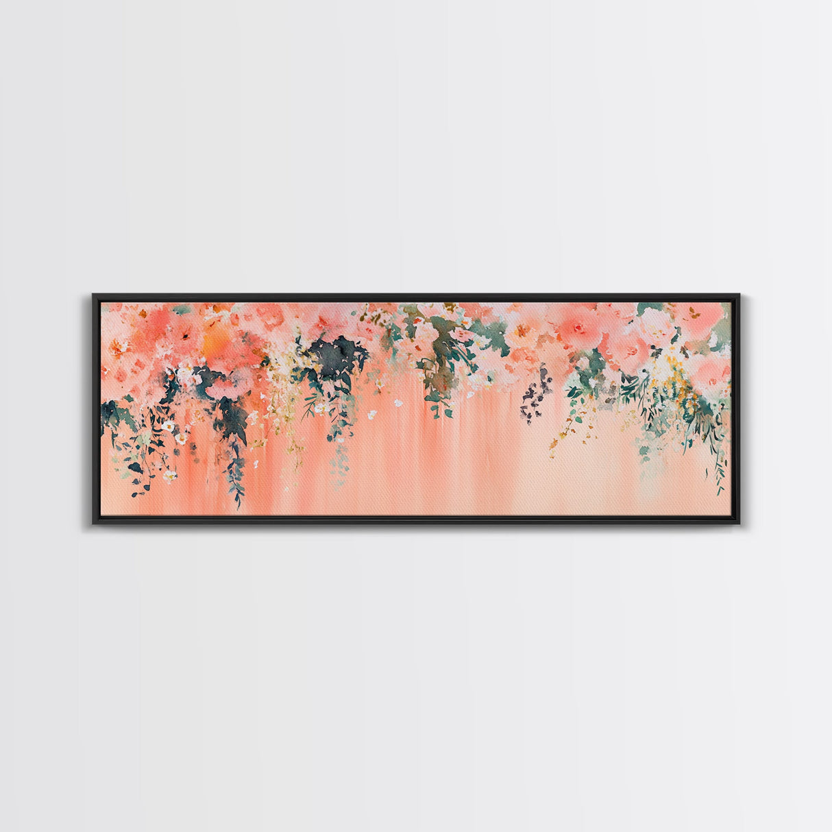 Floral Wildflower Painting Framed Canvas Print, Watercolor Botanical Prints in Peach and Green, Vertical Rustic Farmhouse Wall Art