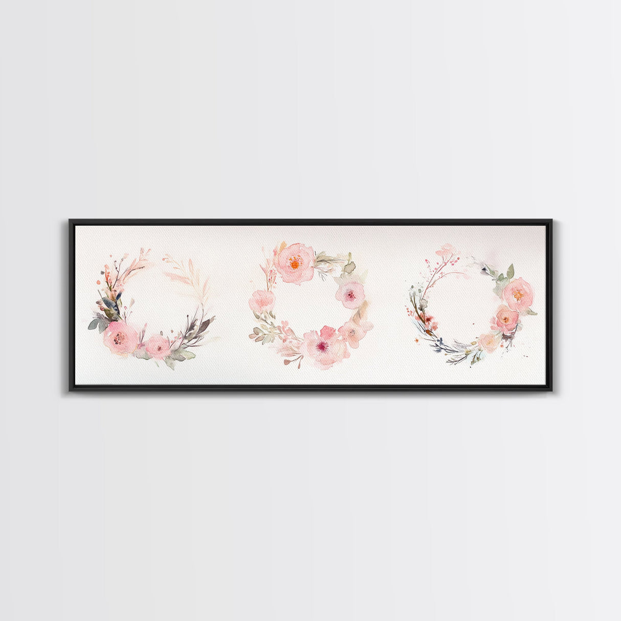 Wildflower Wreath Painting Framed Canvas Print in Pastel Pink and Green, Vertical Rustic Farmhouse Artwork, Botanical Gift Idea