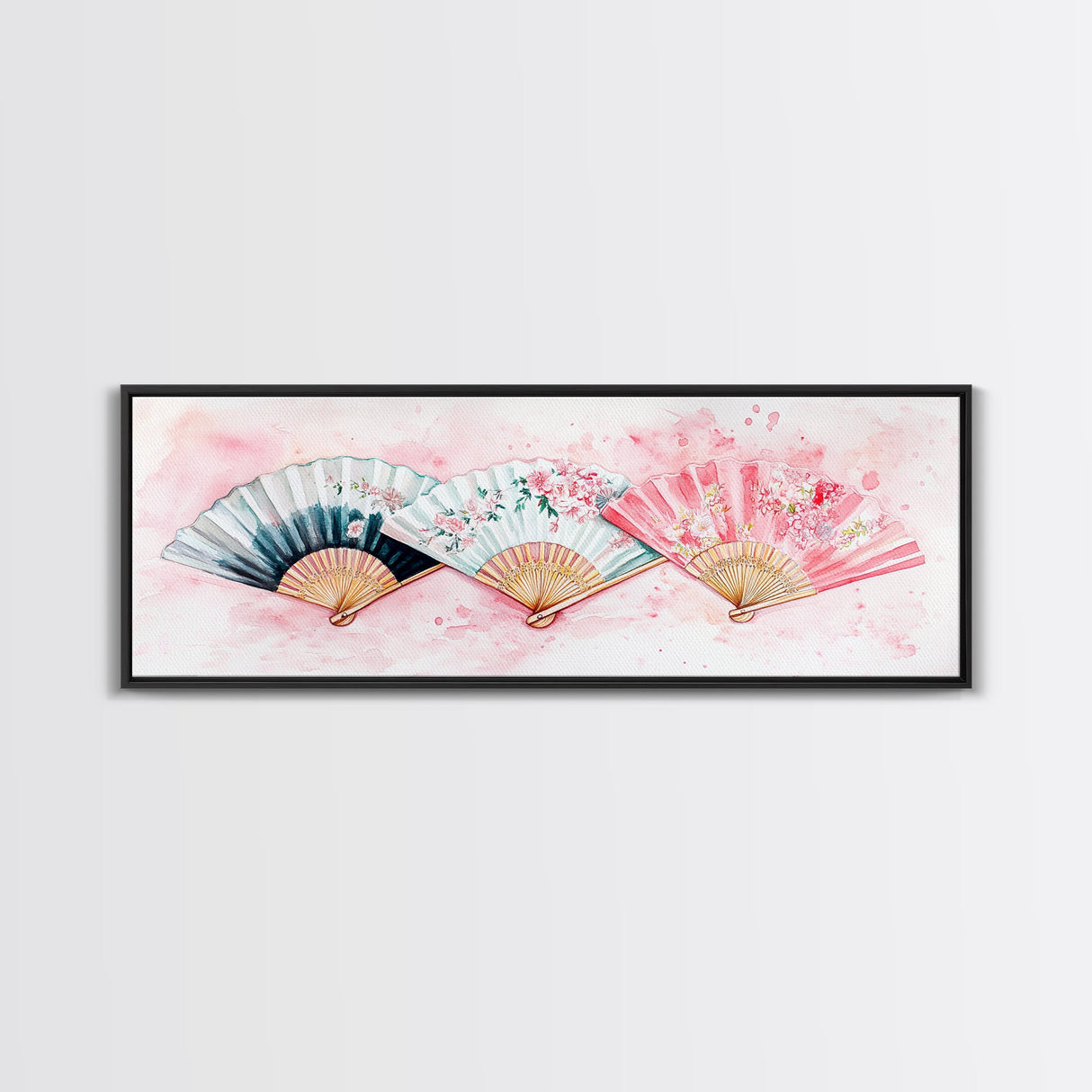 Floral Hand Fan Art Framed Canvas Print Chinoiserie Pink Wall Art Botanical Prints Horizontal Bedroom Living Room Décor Gift Idea