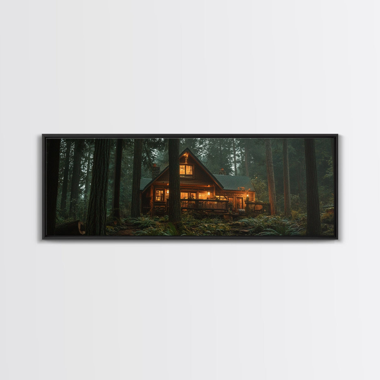 Warm Forest Cabin Framed Canvas Print, Rustic Decor Wall Art, Cozy Woodland Scene Painting, Moody Autumn Landscape, Living Room Art Piece