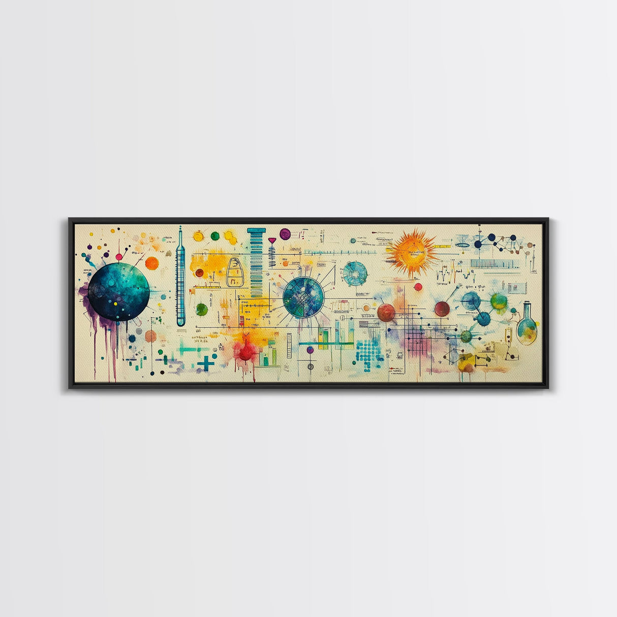 Framed Canvas Print of Science Art with Abstract Diagrams, Therapy Art, Brain Art, Panoramic Wall Art, Horizontal Living Room Art