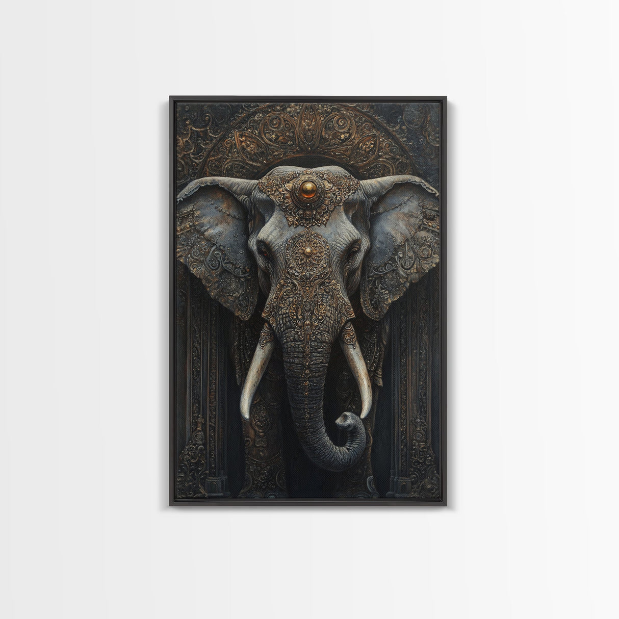 Ornate Elephant Kerala Mural Framed Canvas Print – Ganesh Wall Art, Sacred Geometry Art, Indian Inspired Decor Rustic Living Room Art