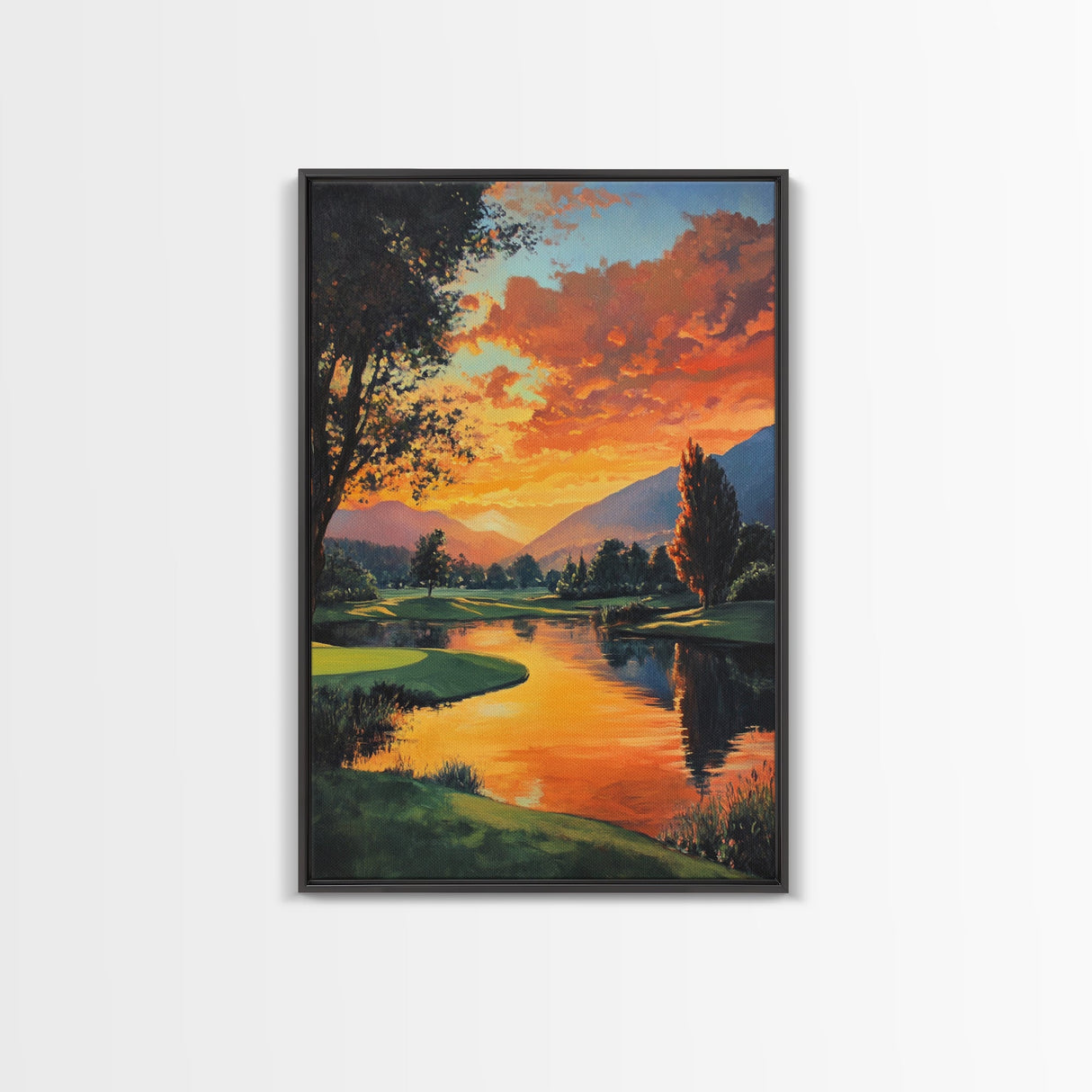 Golden Sunset Golf Framed Canvas Print, Landscape Wall Art, Rustic Horizontal Decor, Living Room Painting, Gift Idea for Him