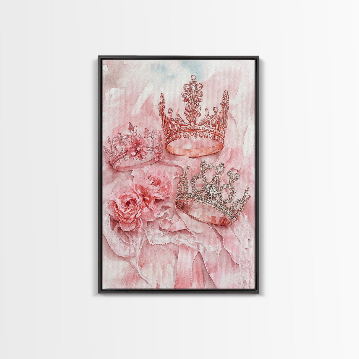 Elegant watercolor crowns and roses painting, framed canvas print, rose painting, goddess art print, chic pink wall art for living room