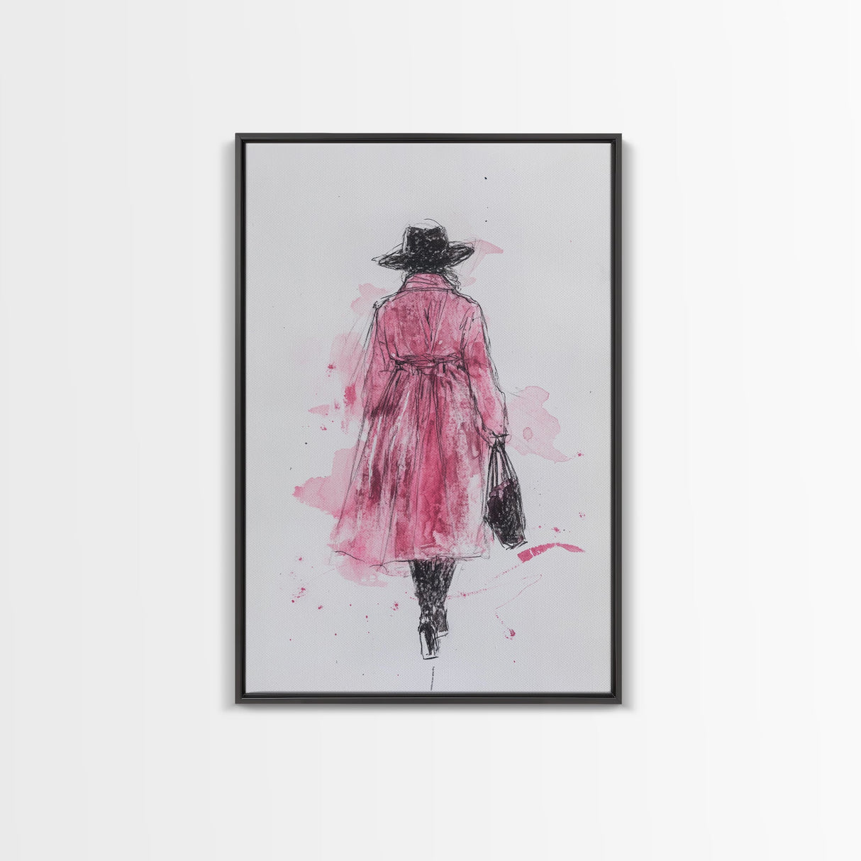 Woman in Coat Framed Canvas Print Light Pink Wall Art Moody Minimalist Fashion Illustration Rustic Aesthetic Unique Gift Idea