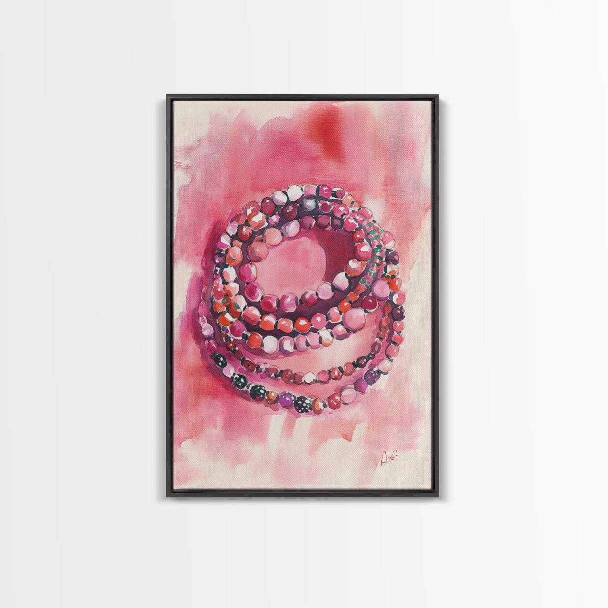 Vibrant gemstone bracelet painting with framed canvas print, gemstone painting, pink abstract art, moody art, living room decor