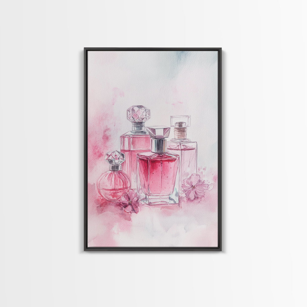 Elegant Pink Perfume Bottles Framed Canvas Print, Feminine Bathroom Art Light Pink Decor, Whimsical Gift Idea for Her Room