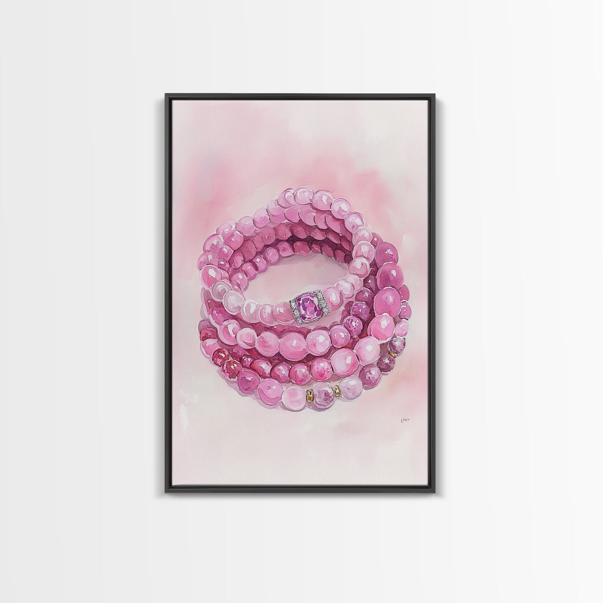 Pink Gemstone Bracelet Painting Framed Canvas Print, Whimsical Jewelry Art Light Pink Decor, Feminine Bedroom or Gift Aesthetic