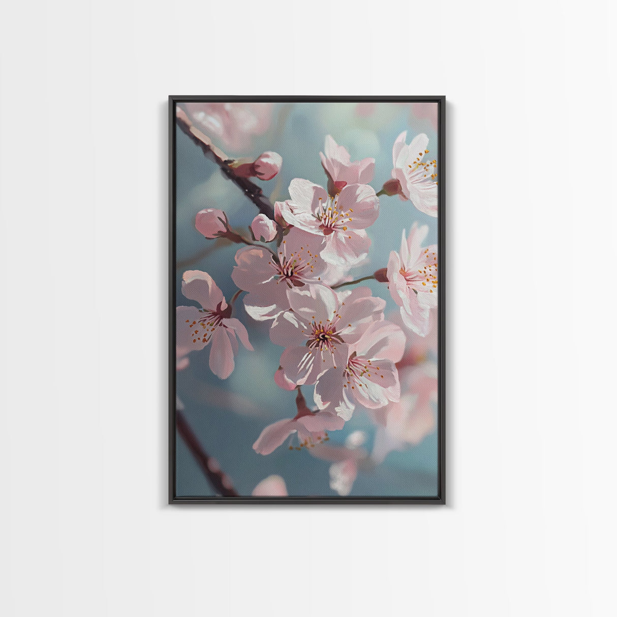 Japanese Sakura Canvas Print | Cherry Blossom Painting Art | Pastel Blue Floral Wall Art Gift Idea | Light Pink Bedroom Art