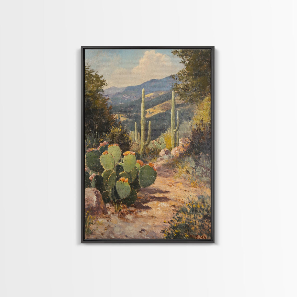 Cactus Bloom Framed Canvas Print Rustic Wall Art Living Room Decor Farmhouse Wall Art Original Painting Gift Idea Landscape Art