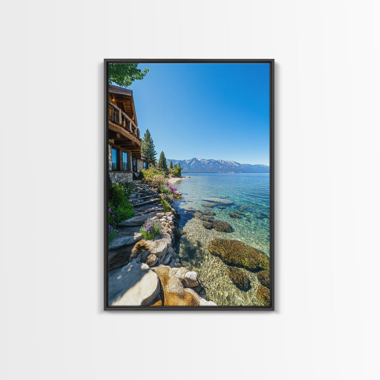 Lakeside Retreat Framed Canvas Print Coastal Landscape Art Nautical Wall Art Living Room Decor Lake Tahoe Art Rustic Decor Seascape Painting